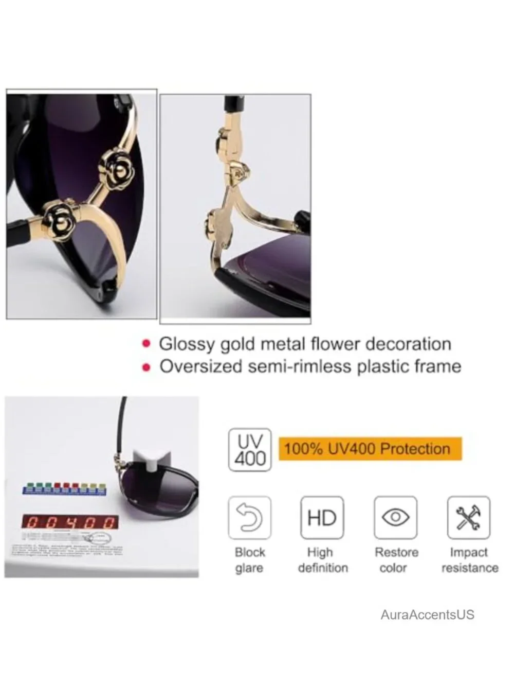 Oversized Semi Rimless Square Sunglasses with Metal Flower Accents UV400